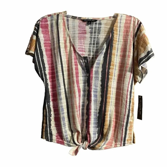 NWT Zac & Rachel Button-Down Stripe  Roll Tab Sleeve Tie Front Top Blouse Sz PS - Picture 2 of 9